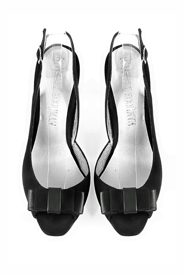 Matt black women's slingback sandals. Round toe. High wedge heels. Top view - Florence KOOIJMAN